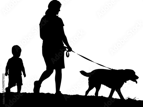 Silhouette of a woman walking a dog, with a child following behind her.
All figures are shown in side profile.