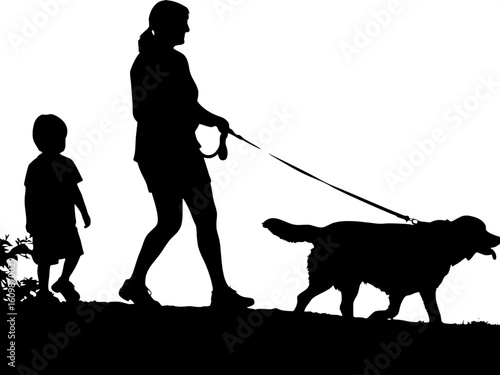 Silhouette of a woman walking a dog, with a child following behind her.
All figures are shown in side profile.