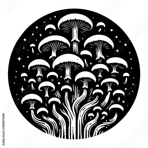 Whimsical Mushroom Forest Silhouette Design.