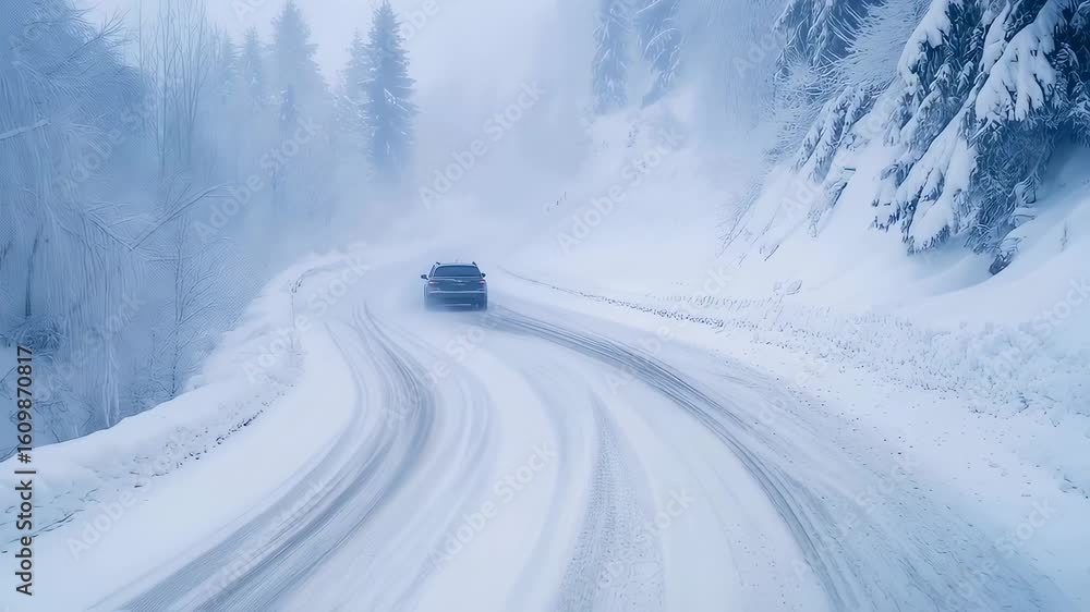 SUV navigating curvy snow-covered road surrounded by pine forest. Blizzard conditions with heavy snowfall and limited visibility. Challenging winter driving scenario. SUV navigating curvy snow-covered road surrounded by pine forest. Blizzard conditions with heavy snowfall and limited visibility. Challenging winter driving scenario.