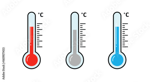 Visualizing Temperature Variations Through Stylized Thermometer Illustrations Showcasing Different Readings with Celsius Scales and Liquid Levels Indicating Heat Cold and Neutral States