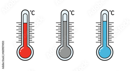 Visualizing Temperature Changes with Three Thermometers Showing Different Levels of Heat and Coldness