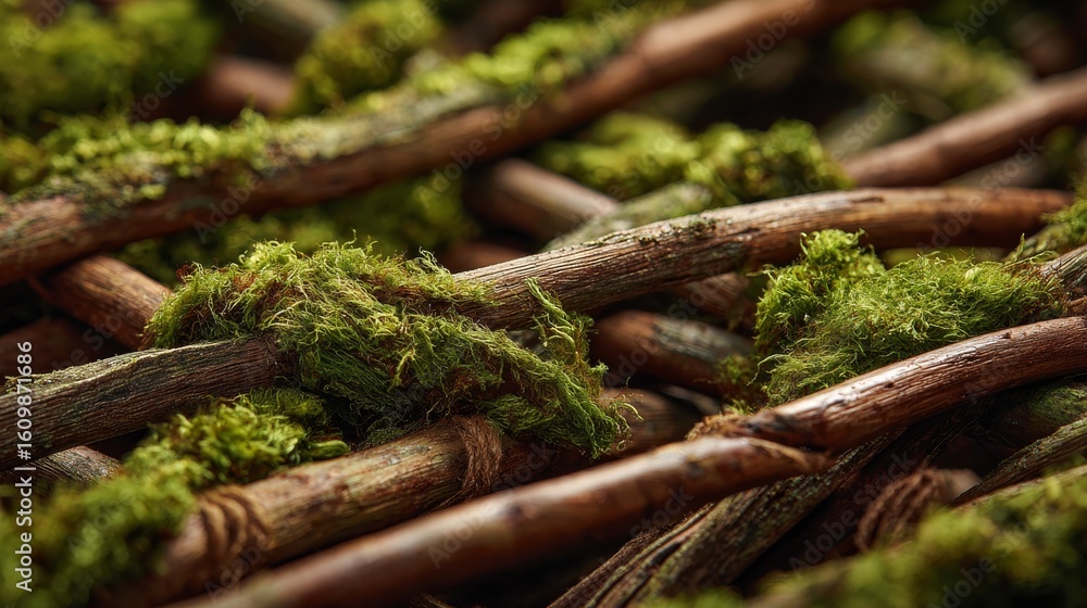 Close-up of a hand-woven willow frame used in a Corso Zundert float, showing the initial layer of green moss and stapled flower stems. Close-up of a hand-woven willow frame used in a Corso Zundert float, showing the initial layer of green moss and stapled flower stems.