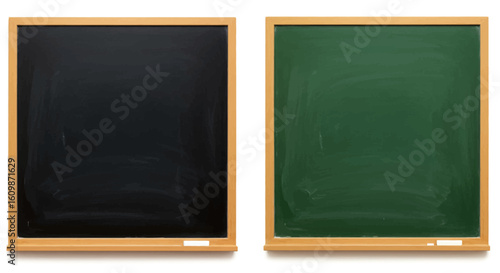 Two Empty Chalkboards One Black One Green With Wooden Frames Showing The Dust And Texture From Previous Use Against A White Background Creating A Clean Canvas