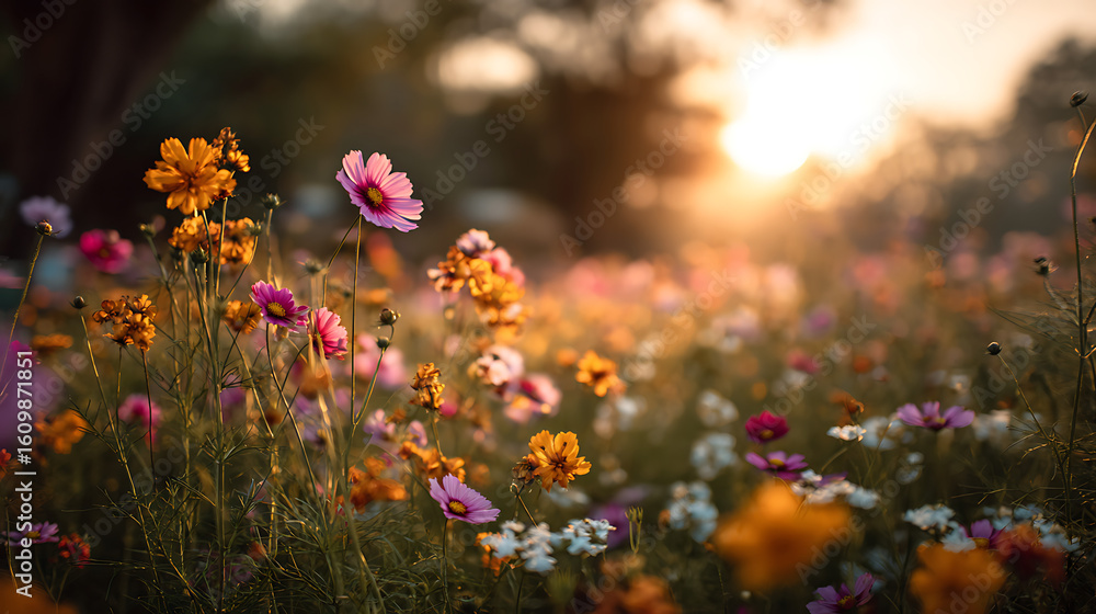 Fototapeta premium Vibrant cosmos flowers bathed in golden sunset light field nature
