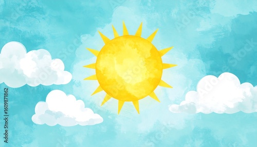 Watercolor sun and clouds in a light teal sky