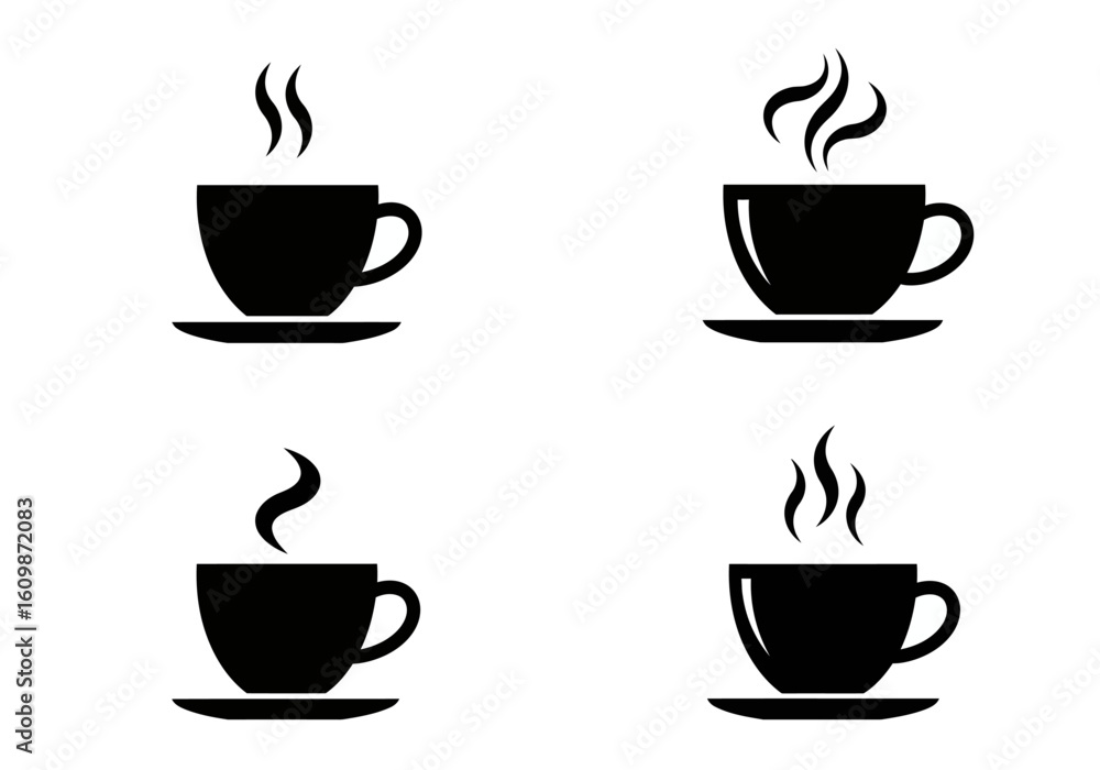 Obraz premium Four Silhouette Images of Hot Beverage Cups with Steam Rising Indicating Freshly Brewed Hot Drinks Perfect for Cafes Restaurants Coffee Shops and Morning Routines