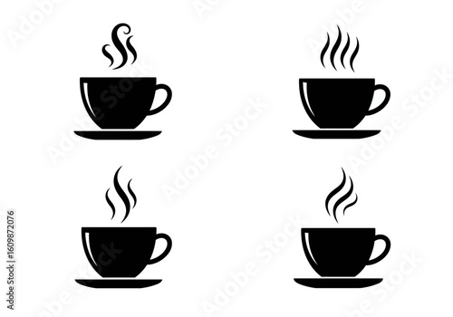A Collection of Four Stylized Black Silhouettes of Coffee Cups Showing Rising Steam Indicating Warmth and Invigoration Perfect for Cafes or Morning Beverage Promotions