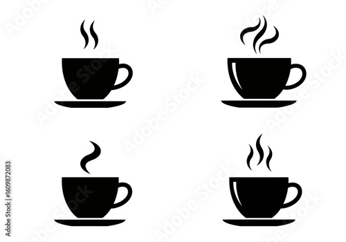 Four Silhouette Images of Hot Beverage Cups with Steam Rising Indicating Freshly Brewed Hot Drinks Perfect for Cafes Restaurants Coffee Shops and Morning Routines