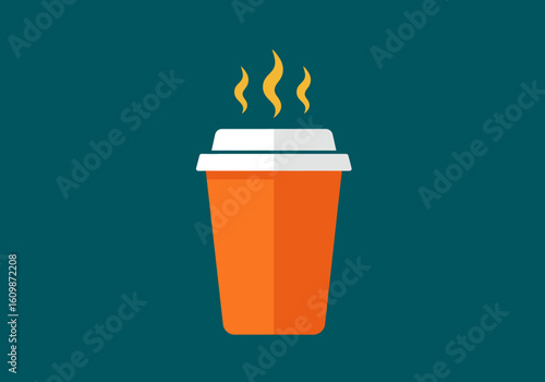Steaming hot coffee cup with vibrant orange design, perfect for cafe branding and morning beverage enjoyment, evoking warmth and energy.