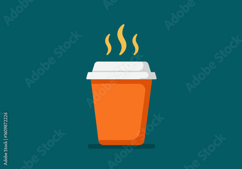 A bright orange disposable paper cup with a white lid sits against a deep teal background with wisps of steam rising from the hot beverage inside conveying warmth and energy for the day ahead