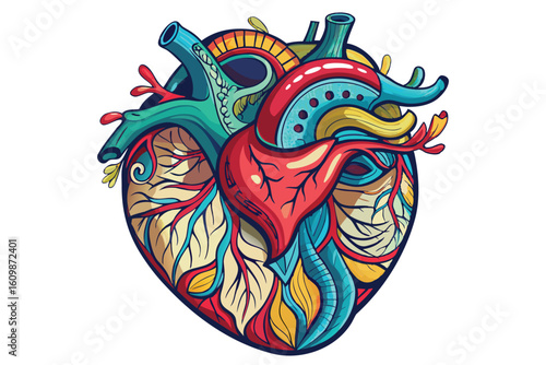 Colorful Anatomical Heart Illustration with Intricate Details and Vibrant Palette for Medical Art or Educational Purposes