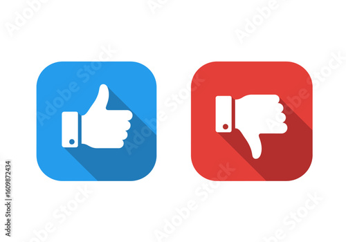 Two modern, flat icons showing a thumbs up and thumbs down gesture with long shadows, representing approval and disapproval in a clear, simple design