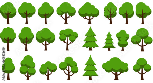 A Charming Collection of Stylized Green Trees and Evergreen Conifers Showcasing a Variety of Shapes and Sizes Ideal for Illustrative Purposes