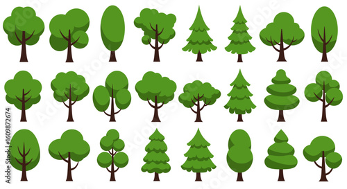 A Collection of Diverse Green Trees with Lush Foliage Representing Nature's Beauty and Abundance in Various Shapes and Sizes Ideal for Educational Materials or Environmental Themes