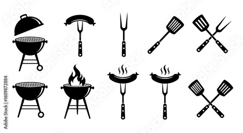 Enjoy sizzling barbecues with these essential grilling icons featuring grills, sausages on forks, and spatulas perfect for summer outdoor cooking celebrations and culinary themes.
