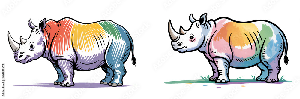 Fototapeta premium rhino : Hand-drawn color pencil illustration isolated on white background