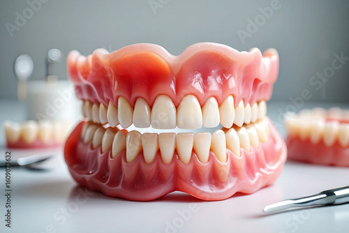 Artificial Teeth Full Set Dental Prosthetics with Pink Gumline Dentistry Concept Dental Health Close Up