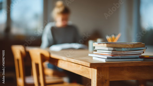 focused female student studies at her desk surrounded by various stationery items including notebooks pens and