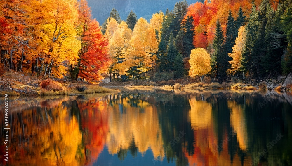 Obraz premium vibrant autumn trees reflected in tranquil waters of a scenic landscape