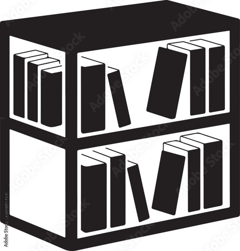 Simple black silhouette of a bookshelf filled with books