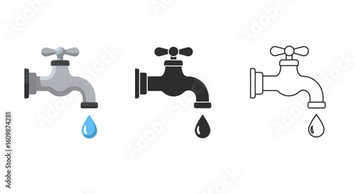 Collection of Water Faucet Icons Showing Different Styles and a Dripping Water Droplet Illustrating Resource Conservation and Plumbing Essentials for Home Improvement and Environmental Awareness
