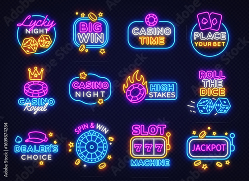 Big neon sign set with twelve glowing casino-themed designs including lycky night, high stakes, spin and win, big win, and more. Colorful glowing icons on dark background.