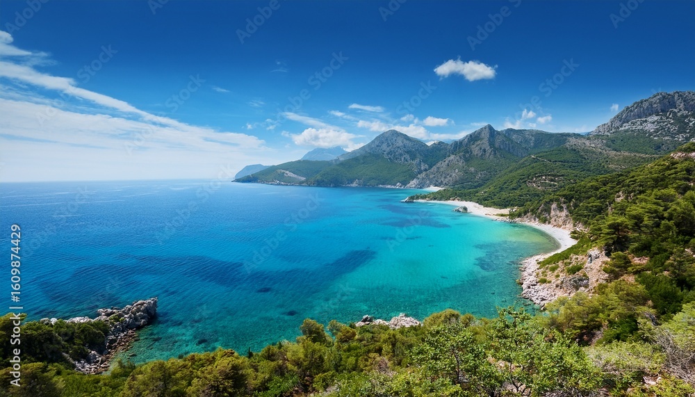 Fototapeta premium captivating coastal landscape turquoise bay majestic mountains and azure sea a breathtaking panoramic view of a serene coastal paradise perfect for travel and vacation inspira