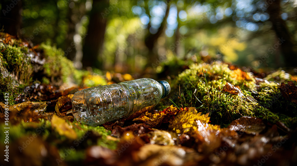 Obraz premium Discarded Plastic Bottle in Autumn Forest