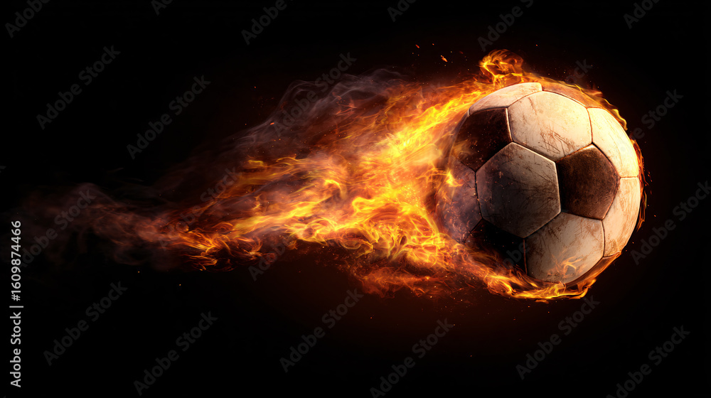 Fototapeta premium Fiery Soccer Ball in Motion on Black Background