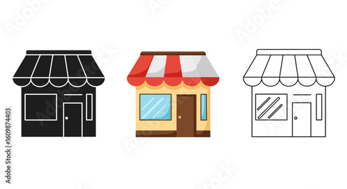 Collection of Three Storefront Building Icons Showing Exterior Facades and Architectural Designs with Different Stylistic Representations of Shops and Retail Businesses