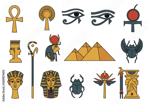 An Illustrated Collection of Iconic Ancient Egyptian Symbols and Hieroglyphs Representing Mythology Culture and History