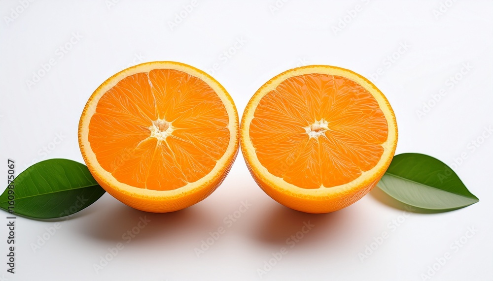 Fototapeta premium two juicy orange halves segmented and vibrant rest beside a lush sprig of green citrus leaves on a bright white background creating a refreshing and healthy image generative ai