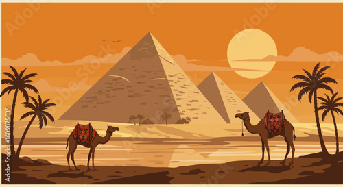 Majestic desert landscape featuring the iconic pyramids of Giza under a warm setting sun with silhouettes of palm trees and two camels carrying their loads on the sandy terrain