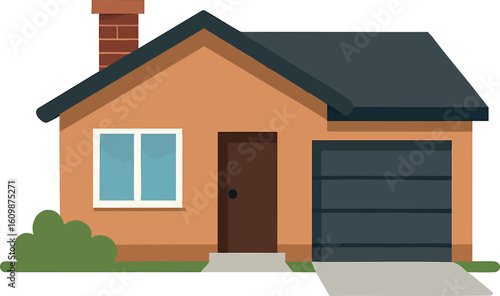Flat vector minimalist suburban house with chimney and driveway, isolated on white