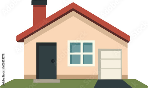 Flat vector minimalist suburban house with chimney and driveway, isolated on white
