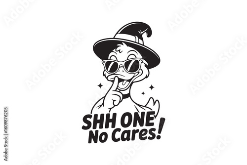 Witch Duck in Sunglasses – Shh One! No Cares Funny Halloween Illustration Typography T Shirt Design