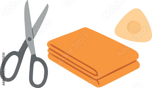 Flat vector pair of scissors, folded fabric, and chalk, sewing tools collection, isolated on white