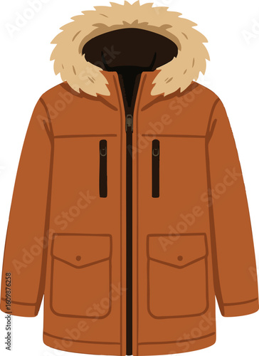 Flat vector parka jacket with fur-lined hood and front zippers, winter vibe, isolated on white