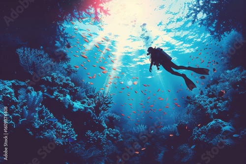 Silhouette of coral reef with fish and scuba diver on a blue sea background. Underwater marine wildlife. Nature vector illustration.