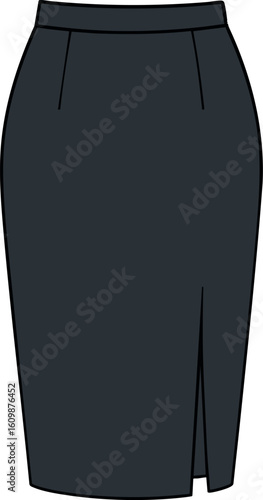 Flat vector pencil skirt with slit and clean lines, classic workwear, isolated on white