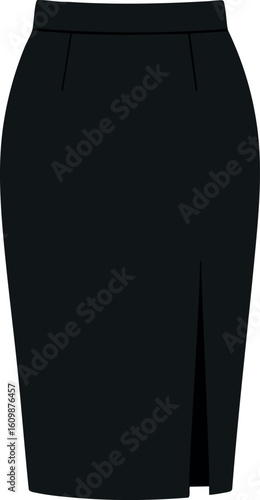 Flat vector pencil skirt with slit and clean lines, classic workwear, isolated on white