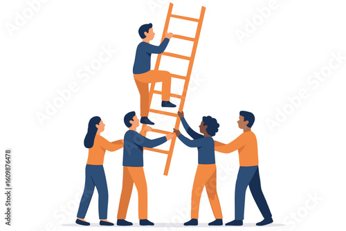 Flat vector people holding up single ladder for one member to climb, trust and team spirit, isolated on white