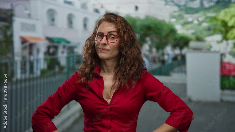 Confident woman in red shirt stands with arms akimbo on a city street, conveying determination and self-assurance in an urban outdoor setting. Confident woman in red shirt stands with arms akimbo on a city street, conveying determination and self-assurance in an urban outdoor setting.