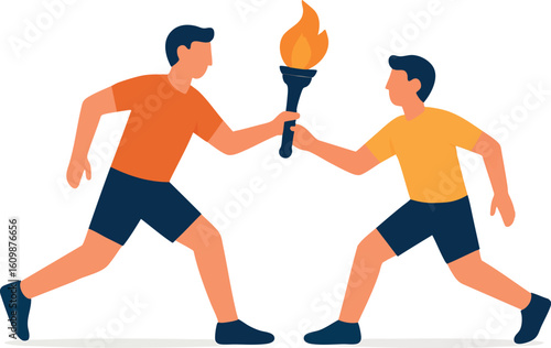 Flat vector person handing over torch to next runner, relay-style metaphor for handoff and trust, isolated on white