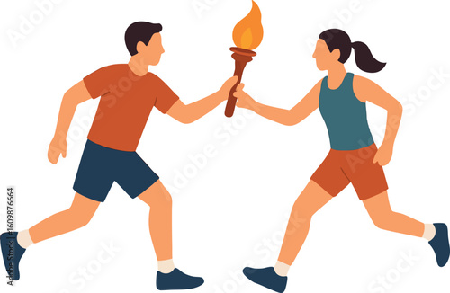 Flat vector person handing over torch to next runner, relay-style metaphor for handoff and trust, isolated on white
