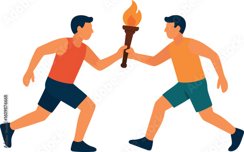Flat vector person handing over torch to next runner, relay-style metaphor for handoff and trust, isolated on white