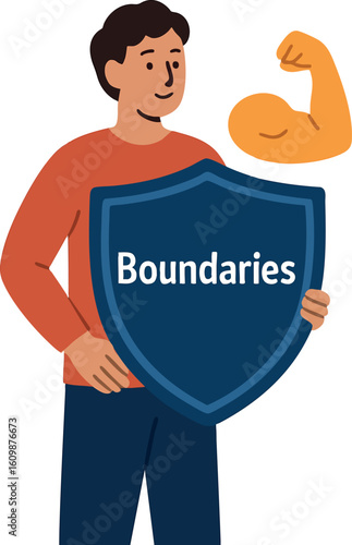 Flat vector person holding shield with word “Boundaries”, emotional strength symbol, isolated on white