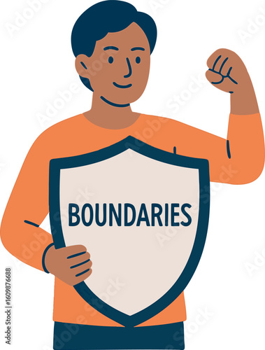Flat vector person holding shield with word “Boundaries”, emotional strength symbol, isolated on white