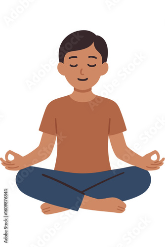 Flat vector person meditating with closed eyes and calm expression, cross-legged, isolated on white